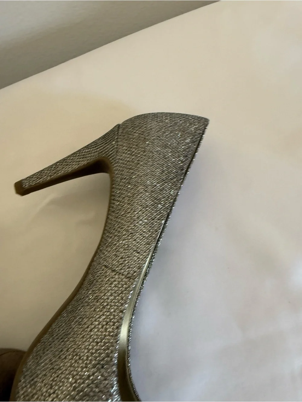 Bandolino Silver Glitter Peep-Toe Stiletto Heels, available in size 9 wide.